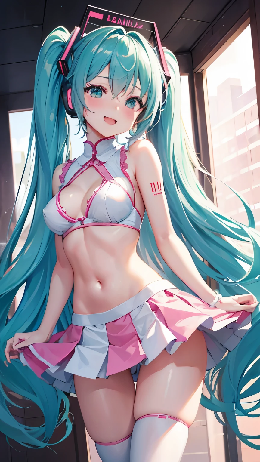 ((Hatsune Miku)) ,(((anime-style cute face)))、Highest quality、超High resolution、High resolution、Extremely detailed CG、8K Unit Wallpaper, Very smiling, (((Cute beautiful breasts))), Beautiful and seductive,Highest quality, Best Anatomy, (Pink and white nurse outfit)、（Super miniskirt with ruffles）、Shiny pink stockings、High skin exposure、Exhibitionism、Emphasize cleavage、Cute nipples、Accentuate your breasts、Belly button、Large and muscular thighs、Depth of written boundary、Focus is on the face、blush、Lewd、Model pose、Close-up of face and chest、Female genital wrinkles、（Healthy female body）、looking at the camera、Photo taken in a hospital corridor、Shot with a standard lens、Photographed from diagonally in front