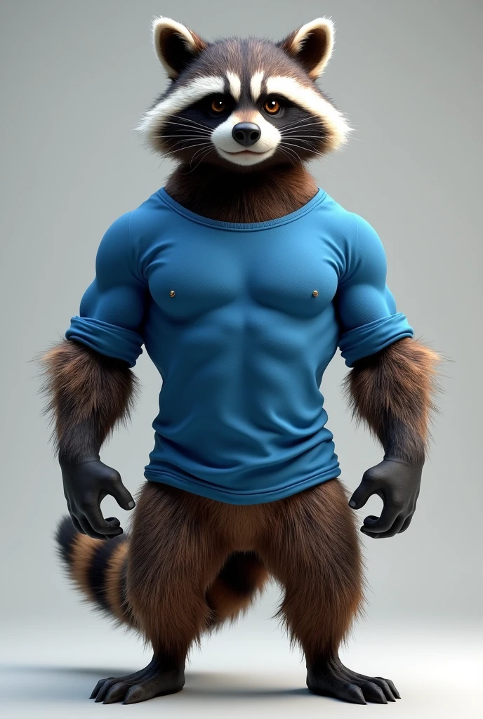 Muscular raccoon in blue shirt
