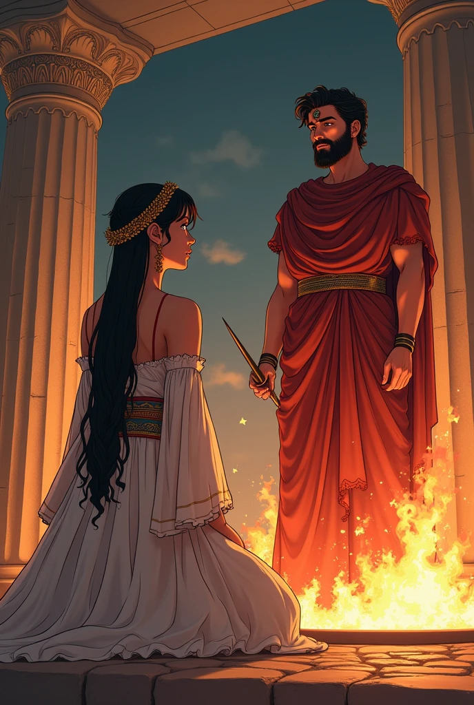 image of an ancient Greek princess kneeling at a sacrificial altar, about to be sacrificed in the name of the goddess Artemis, (((anime styling))), next to her a Greek priest holding a dagger.
