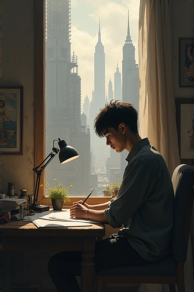 Can you please create a painting that reflects loneliness and the contrast between the powerful, evil people showcasing their wealth and a good young person working alone for his two mothers as an interior designer and their siblings. It should feel like rich people are eating all city and poor people’s are just seeing them and feeling it.