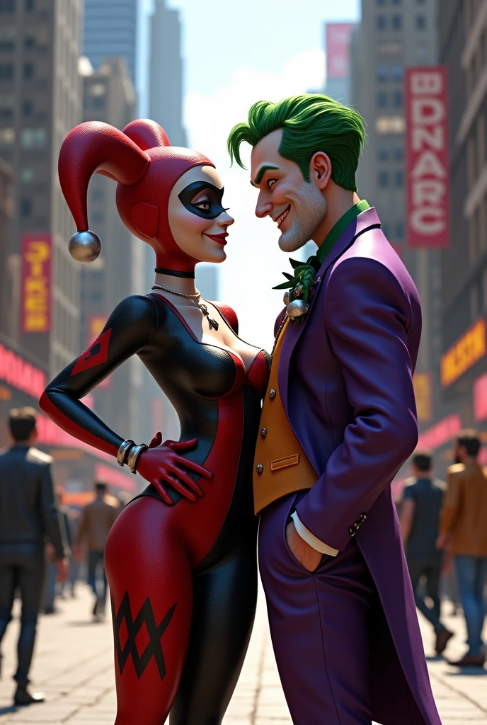 Harley quinn in sexy revealing harley quinn costume, with joker wraring joker costume in a new york street. disney pixar 3d