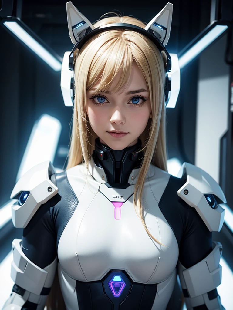 flat chest,nurse head cap,fox ears,blonde hair,realistic and intricate perfect beauty face,(flat chest),smile,happy,perfect sharp blue glowing eyes, detailed face,((in realistic neon-lit sci-fi white plugsuit metal mech parts and with neon-lit lights)),masterpiece,front face,upper body,