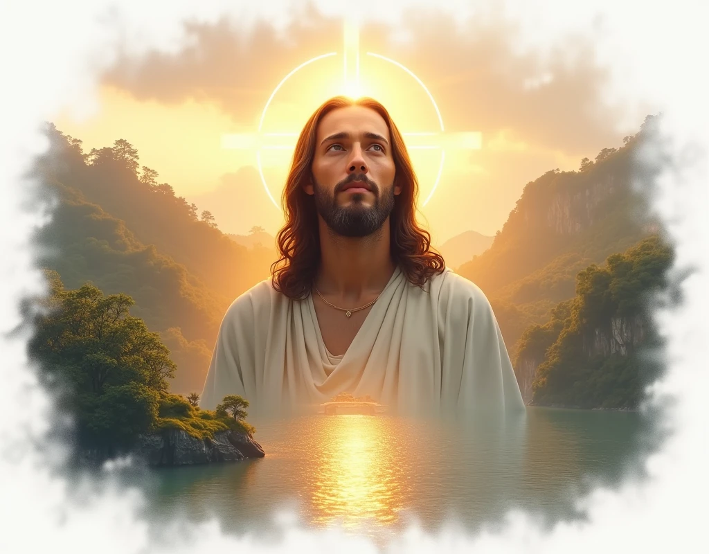 We need an image of a beautiful Jesus God, a high quality image that has a sunrise in front of our head and that image of a beautiful foreign country, a high quality image of a sunrise that is in the goal circle, that image of Jesus God. Aur High quality ka ho white me white image