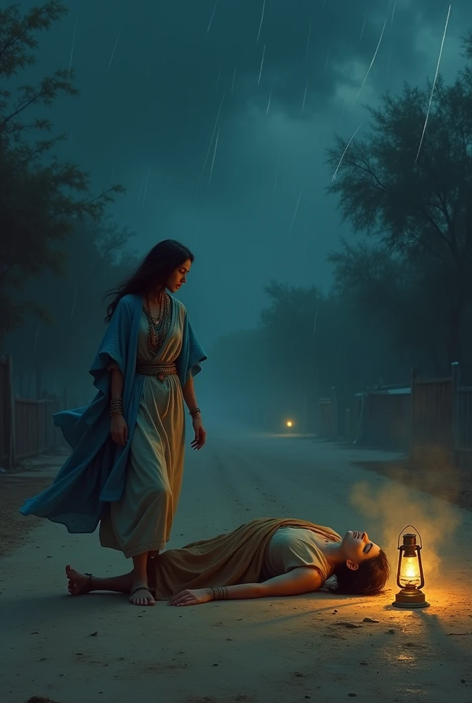 Upagupta ,the young disciple of Buddha wearing sage clothes, is lying on the side of dusty road of Mathura without any pillow or any other amenities in 3rd Century BC at a stormy night and a young woman is coming from behind and she trips over the sleeping Upagupta. Her one leg struck his chest and she was about to fall.She is dressed in blue mantle and is having young body and wearing anklets and has a old kerosene lamp IN HER HAND.
