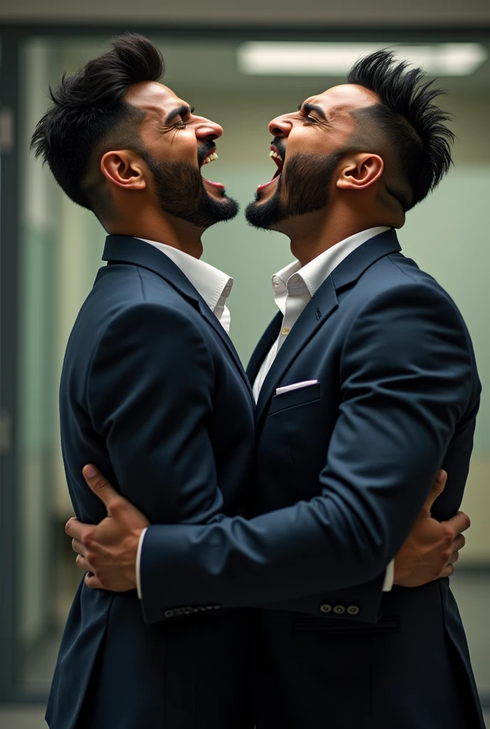 Formal suit Gay couple doing body play in office, face upward, Pehlwan man Indian Gurjar 40 years old man Pain is raging on the face, screaming with pain and making aggressive face expressions with eyes closed, the head is tilted back doing body play, big shinning eyes big lips wide jawline beautiful hunk face spiky black hairstyle, oiled body, hot body playing poses, His perfect( big huge penis) is (coming out) of his pant,masterpieces, sucking, erotic, exotic,, hd, hdr, D750F nikon, Cinematic, bright colors
