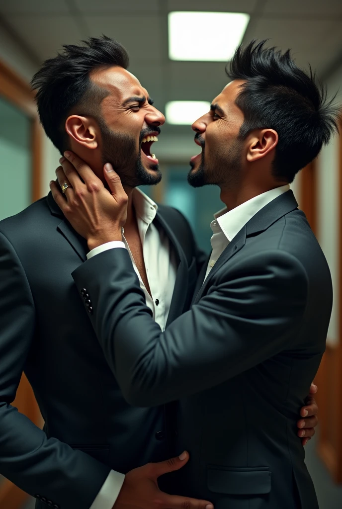 Formal suit Gay couple doing body play in office, face upward, Pehlwan man Indian Gurjar 40 years old man Pain is raging on the face, screaming with pain and making aggressive face expressions with eyes closed, the head is tilted back doing body play, big shinning eyes big lips wide jawline beautiful hunk face spiky black hairstyle, oiled body, hot body playing poses, His perfect( big huge penis) is (coming out) of his pant,masterpieces, sucking, erotic, exotic,, hd, hdr, D750F nikon, Cinematic, bright colors
