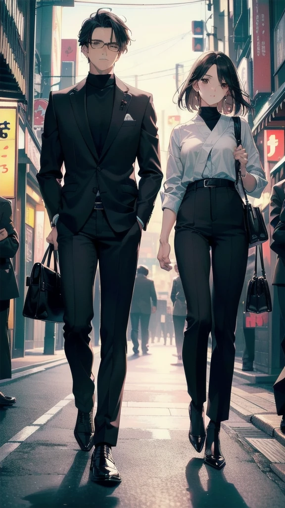 masculine, elegant, mature boy, high school student, dark brown haired boy, masculine, manly, small rear, beautiful detailed full dark brown eyes, wearing glasses, perfect eyes, ropa juvenil elegant hombre, black pants, the boy is more mature, mature boy)) (detailed lighting), ((detailed background)), ((romantic date at night walking through the streets of Tokyo)), full body shot, ((5 perfect every finger, perfect end, whole finger, perfect finger, perfect arm)) ((man and woman)) is much smaller than the boy))) ((couple of a girl and a boy)) ((big)) (((the boy is very tall, the girl is very short))) ((perfect fingers, perfect hands)) ((perfect feet)) ((kiss face to face, very close)) ((perfect detailed face)).look at each other