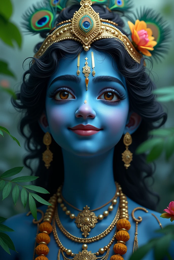 A Krishna photo , moyur pankh , real , blue green vibe ,  beautiful photo Krishna smile 