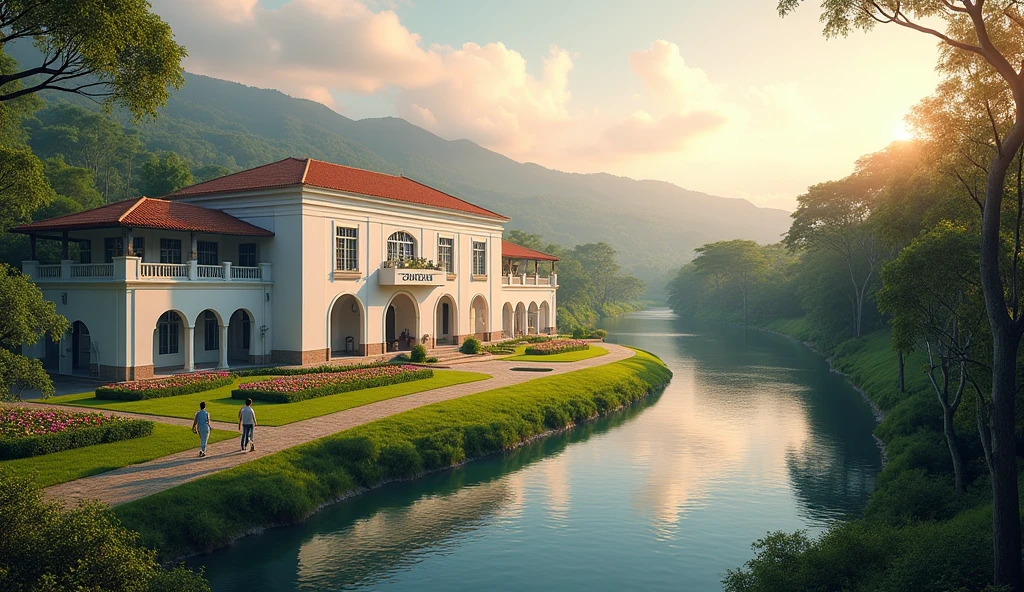 A stalishing shot of Hospital Santa Eduviges nestled gracefully within a lush, green valley surrounded by rolling hills and dense forests. The hospital features elegant, white colonial architecture with red-tiled roofs and large arched windows, exuding a sense of warmth and tradition. Over the entrance a sign reads "Hospital Santa Eduviges". A tranquil river winds gently beside the hospital, reflecting the golden hues of a breathtaking sunrise that bathes the entire landscape in soft, warm light. Patients and staff are seen strolling through beautifully landscaped gardens filled with colorful flowers and tall, shady trees. The sky above is clear with subtle pastel colors, adding to the peaceful and restorative ambiance of the scene.