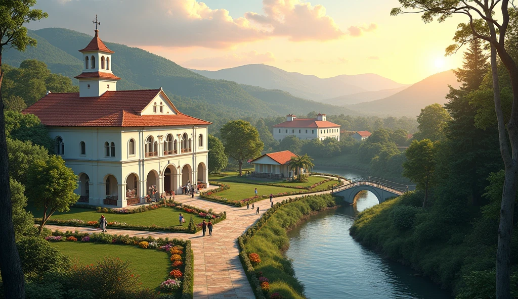 A stalishing shot of Hospital Santa Eduviges nestled gracefully within a lush, green valley surrounded by rolling hills and dense forests. The hospital features elegant, white colonial architecture with red-tiled roofs and large arched windows, exuding a sense of warmth and tradition. Over the entrance a sign reads "Hospital Santa Eduviges". A tranquil river winds gently beside the hospital, reflecting the golden hues of a breathtaking sunrise that bathes the entire landscape in soft, warm light. Patients and staff are seen strolling through beautifully landscaped gardens filled with colorful flowers and tall, shady trees. The sky above is clear with subtle pastel colors, adding to the peaceful and restorative ambiance of the scene.