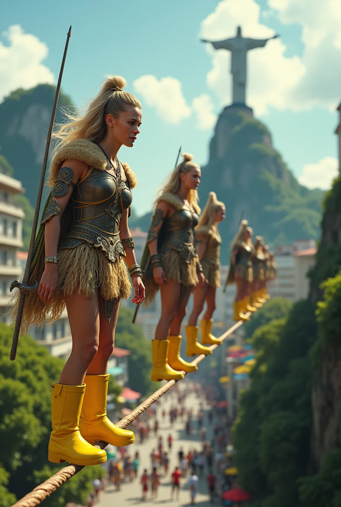 Female Vikings wearing yellow plastic galoshes on a tightrope in Rio de Janeiro