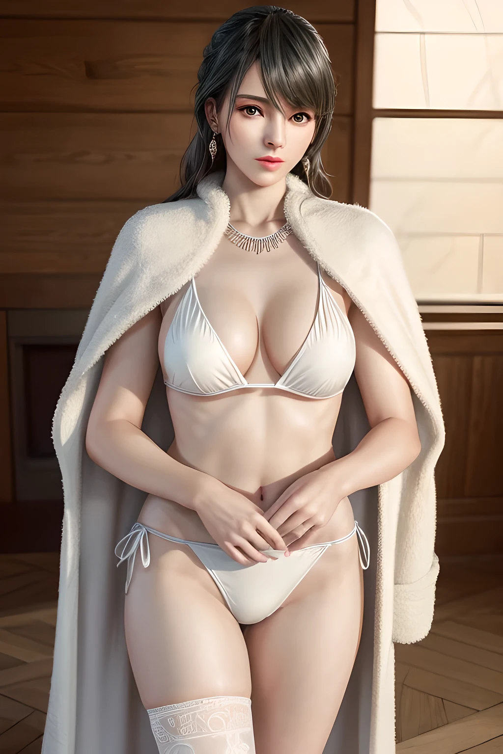 A lady with extraordinary temperament, she stands in a modern indoor space, as if she is a model from a fashion magazine. She is wearing a (pure white long fur cape), the softness and luster of which makes her look more noble under the light, and complements her (beige bikini) underneath, showing her gentle temperament while maintaining a sense of fashion. The style of the dress is simple and generous, a perfect match, and it lengthens her figure, making her tall and charming. The lady's makeup is delicate and elegant, which just highlights her facial features and makes people unforgettable at first sight. Although the earrings and necklace she wears are not ostentatious, they add a bit of sophistication and nobility to her overall look. Her hair is casually draped over her shoulders, and every strand of hair exudes a natural luster,, (best quality,8k,highres,masterpiece:1.2),ultra-detailed,(realistic,photorealistic,photo-realistic:1.37),studio lighting,ultra-fine painting,sharp focus,physically-based rendering,extreme detail description,professional,vivid colors