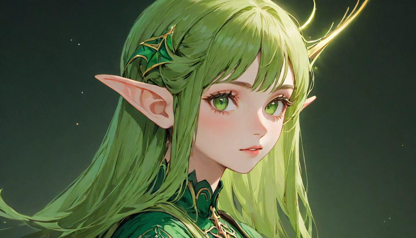 green eyes beautiful elf, full body, Game Art Style, (masterpiece), highest quality, High resolution, 4k, 8K, Detail view, intricate details, cinematic lighting, amazing quality, 1 girl, elf、elf ears、ash green hair, great shading, soft lighting, Face-to-face camera, perfect eyes