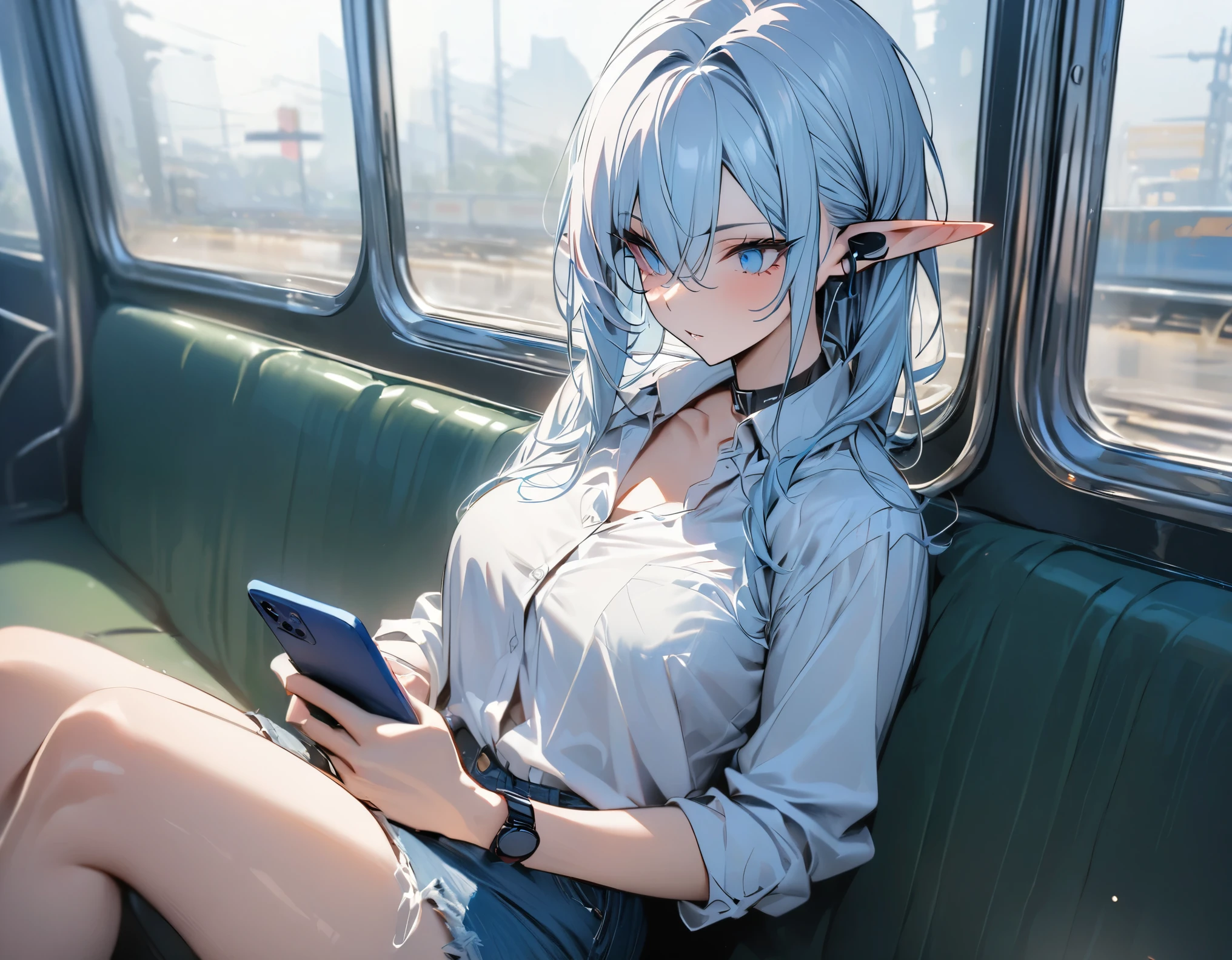 ((highest quality)), ((masterpiece)), (be familiar with), perfect face, elf, pointy ears, streaked hair, asymmetrical hair, Bluetooth earphones, listening to music using earphones, operating a smartphone, Button-down shirt, Denim skirt, On the train, wristwatch