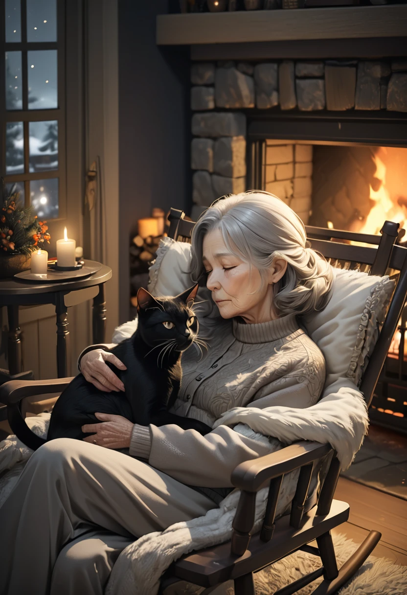 A cute black cat sleeping on an old woman's lap, an old woman relaxing in a rocking chair in front of a fireplace on a winter night, cozy fireplace, warm lighting, detailed facial features, intricate fur textures, soft fabrics, photorealistic, 8k, high quality, realistic, detailed environment, atmospheric lighting, muted color palette, peaceful, serene, beautiful, elegant, masterpiece