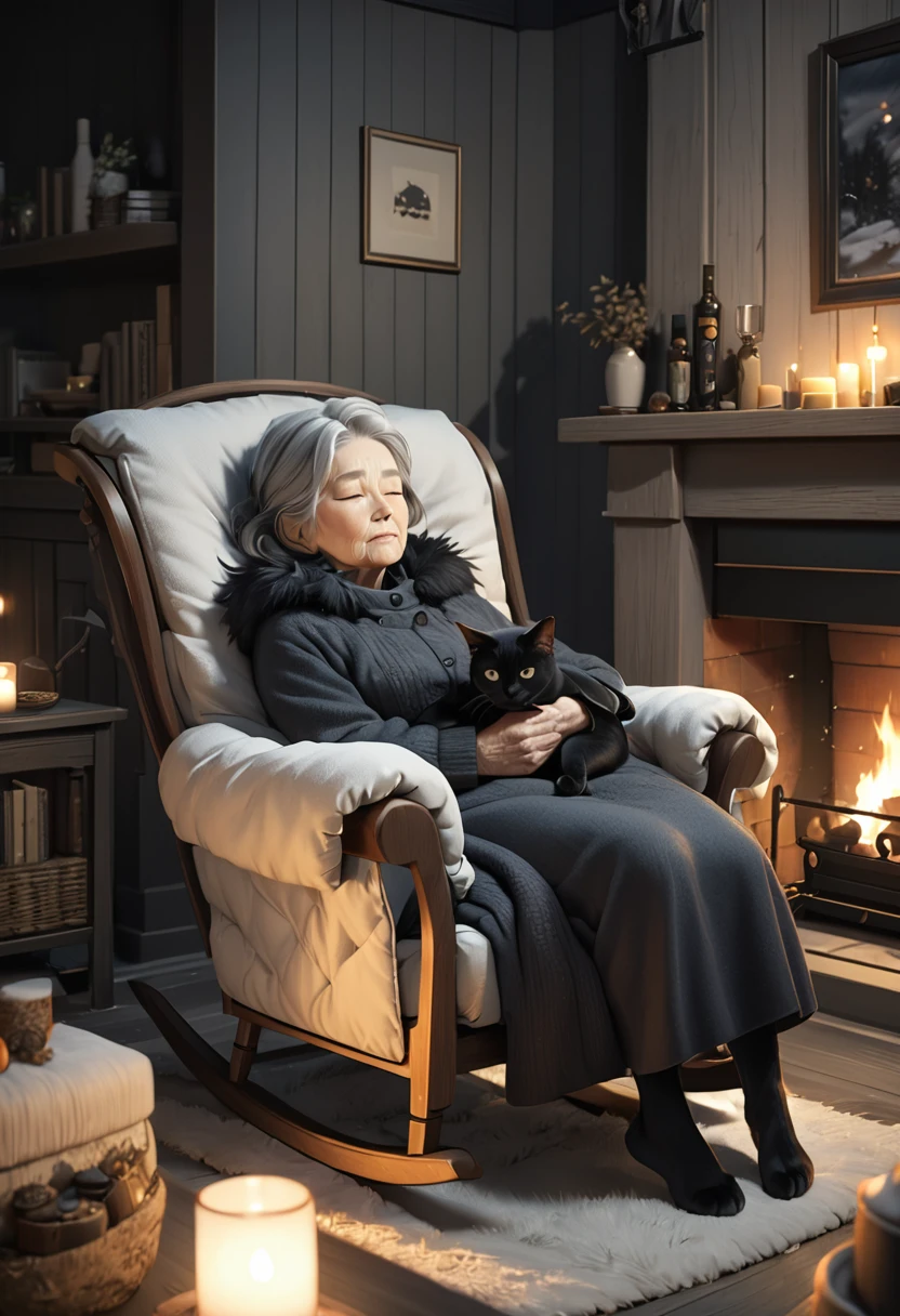 A cute black cat sleeping on an old woman's lap, an old woman relaxing in a rocking chair in front of a fireplace on a winter night, cozy fireplace, warm lighting, detailed facial features, intricate fur textures, soft fabrics, photorealistic, 8k, high quality, realistic, detailed environment, atmospheric lighting, muted color palette, peaceful, serene, beautiful, elegant, masterpiece