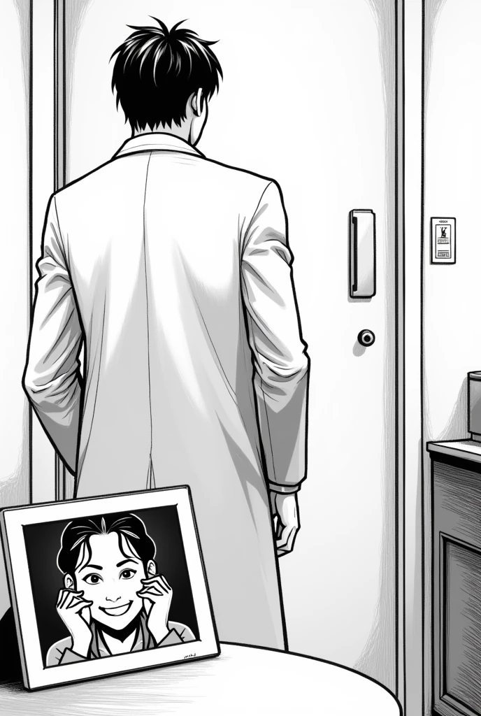 A man with his back, wearing a scientist outfit, is leaving a room through a door. On a table in the living room, there is a small picture frame with a photo of an , very happy, smiling with teeth showing and eyes closed. The scientist is not looking at the picture, just walking away from the room, while the reader can see both, the scientist and the picture frame. The image must be in black and white manga style.