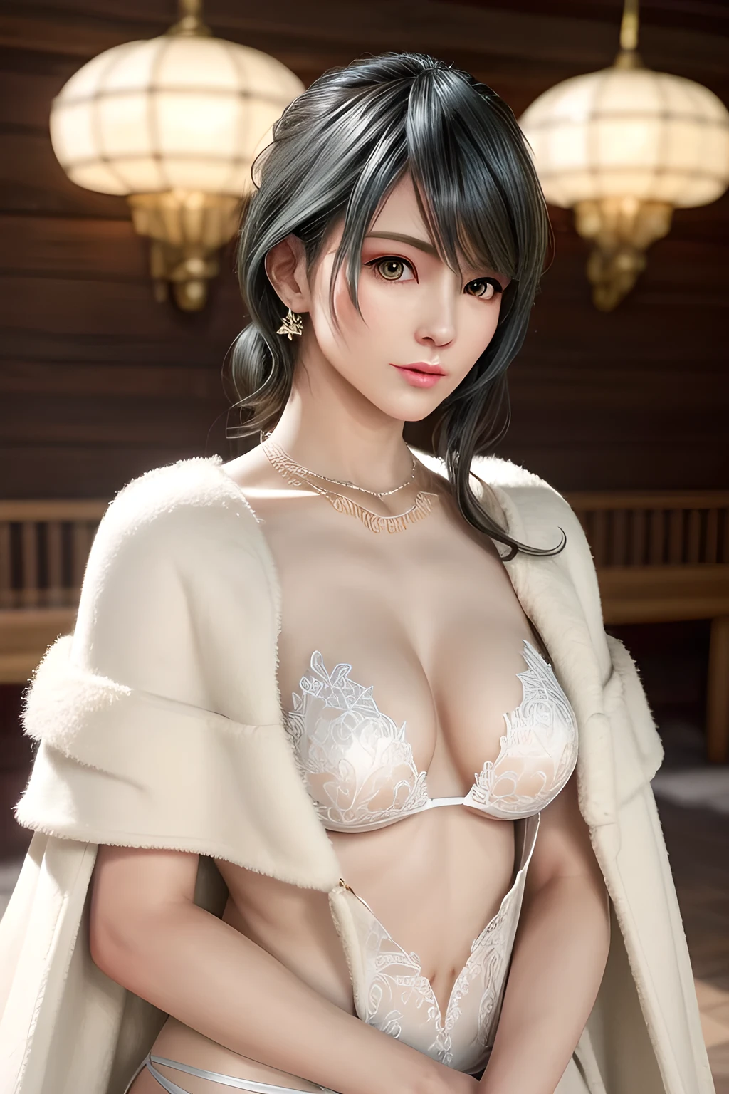 A lady with extraordinary temperament, she stands in a modern indoor space, as if she is a model from a fashion magazine. She is wearing a (pure white long fur cape), the softness and luster of which makes her look more noble under the light, and complements her (beige bikini) underneath, showing her gentle temperament while maintaining a sense of fashion. The style of the dress is simple and generous, a perfect match, and it lengthens her figure, making her tall and charming. The lady's makeup is delicate and elegant, which just highlights her facial features and makes people unforgettable at first sight. Although the earrings and necklace she wears are not ostentatious, they add a bit of sophistication and nobility to her overall look. Her hair is casually draped over her shoulders, and every strand of hair exudes a natural luster,, (best quality,8k,highres,masterpiece:1.2),ultra-detailed,(realistic,photorealistic,photo-realistic:1.37),studio lighting,ultra-fine painting,sharp focus,physically-based rendering,extreme detail description,professional,vivid colors