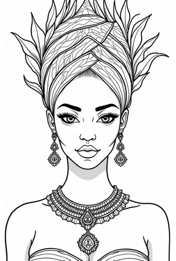high-resolution line art coloring book page featuring the beautiful Black woman adorned with intricate jewelry and a detailed headdress. The design highlights the patterns and textures, making it perfect for a coloring book.