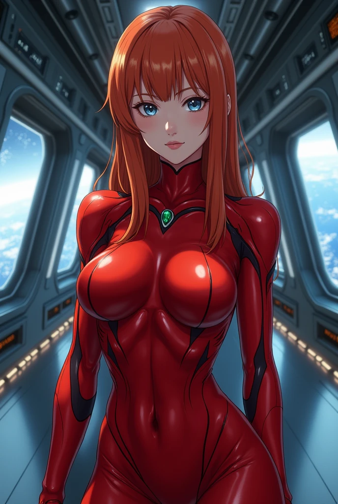 (best qualityer, high resolution), ultra detali, realisitic, 1 girl, asuka langley soryu, very mixed beautiful german girl, beautiful long red hair, beautiful detailed dark blue eyes, flawless clear skin, Busty body, (half full photo: 1.5), (bottom to top: 1.5), spacial station, full red latex evangelion costume, accentuated body line, dramatic lighting, combining realism and anime influences. big and wide nipples, (Dynamic posture, big and perky ass, pubic-hair,)