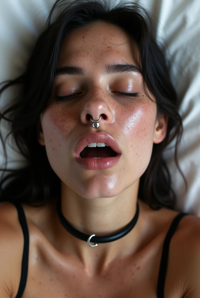 black choker, face all cumshot, lots of cum on the face, piercing no nariz, tabletop,high resolution,high resolution, awarded photo, textura de pele realista,very detailled, Keep your eyes sharp and focused, nariz e boca,Facial Focus, Woman with open mouth and closed eyes, black camisole、3,Bblack hair、symmetrical face,realistic nostrils、low angle、elongated C-shaped nostrils,,,Be careful when browsing,white background、sweaty skin、Iluminação que destaca a sweaty skin、((Hook Nose))Skin shiny with sweat、shining skin、sweaty hair、ball gag、lighting sun、