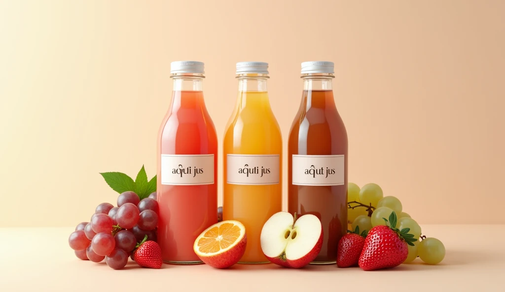 Model me a very nice 3d image of three bottles of juice and some fruits like a cut apple, des raisins, de la fraise, placed at the foot of the bottles, with the name aŋuti Jus written on the labels stuck on the bottles, dans un jolie décor de studio.