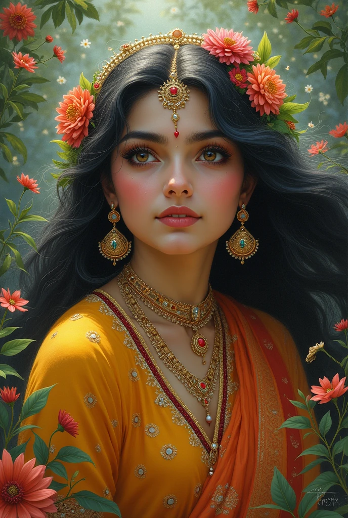 Create a picture of Radha Rani and she is mad on lord krishna