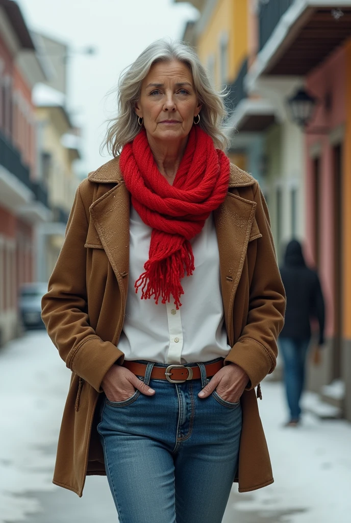 Woman in her 50s on a cold day in Brazil , wearing jeans, a white blouse and a red pashmina