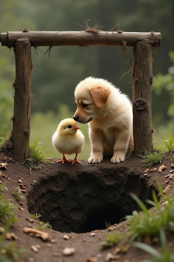 A  chick fell into an old well. The puppy thought of a way to help the chick out of the well, but the well was too deep for the puppy to climb down.