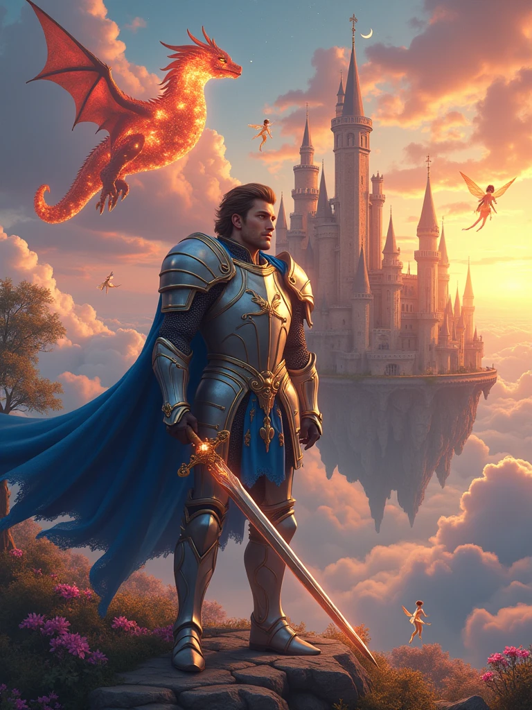 Imagine a medieval castle floating among the clouds, surrounded by majestic dragons and delicate fairies flying. As the sun sets, the sky turns into a kaleidoscope of orange and pink hues. Em primeiro plano, a heroic knight stands proudly, dressed in radiant armor adorned with silver and gold details, a raised visor on his helmet, and a blue cape adorned with a dragon emblem. His armor reflects the warm light of the setting sun, casting a soft glow. He wields a magical sword with a luminous blade and a hilt decorated with precious stones., next to a shield with the dragon emblem. the knight's expression is determined and heroic, with piercing blue eyes and brown hair falling over her face. He gets tall, exuding confidence and authority, with a strong jaw and a well-groomed beard. The scene is set against the backdrop of imposing castle towers, fortified walls, and a lowered drawbridge connecting the castle to the clouds. the castle gardens are suspended in the air, featuring vibrant flowers and crystal clear trees with leaves that glow softly. High above, the sky is dotted with bright stars and a crescent moon, your soft aura illuminating the magical atmosphere. A 15 meter long fire dragon flies around the castle, its red and orange scales shining, eyes that shine like embers, and wings that appear to be made of fire, leaving trails of smoke and flames. The dragon has resistance to fire, immense strength and speed, Intelligence, elemental magic, and defensive capabilities. Next, a wise old wizard with a long white beard and a pointy hat stands on the castle wall, advising the knight while performing magical rituals. Fairies with transparent wings and flower petal clothes float around, playing with the dragon and having the ability to heal, creating illusions, control time, and transforms into other animals. The lighting is soft and ed