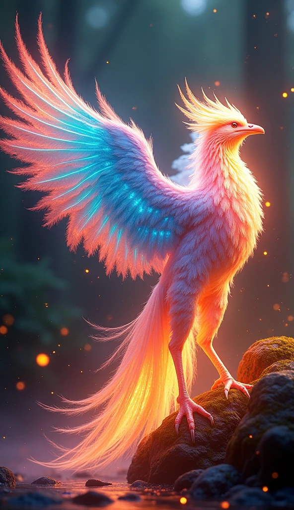 A majestic iridescent phoenix reborn from digital rainbow to holographic flame glaze、16K, Ultra-high resolution, Ultra-high resolution, to be born,wonderful ,future、Iridescent、The world 30 years from now