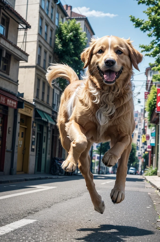 A vibrant, high-resolution image of a playful dog running joyfully down a sunlit street. The scene is set on a lively urban road with a backdrop of charming, colorful buildings and clear blue sky. The dog, a golden retriever with a shiny, well-groomed coat, is captured mid-stride with its fur flowing and tail wagging energetically. The street is lined with greenery, including trees and flowers, adding a touch of natural beauty. The sunlight casts warm, dynamic shadows, highlighting the dog's movement and the lively atmosphere of the city.