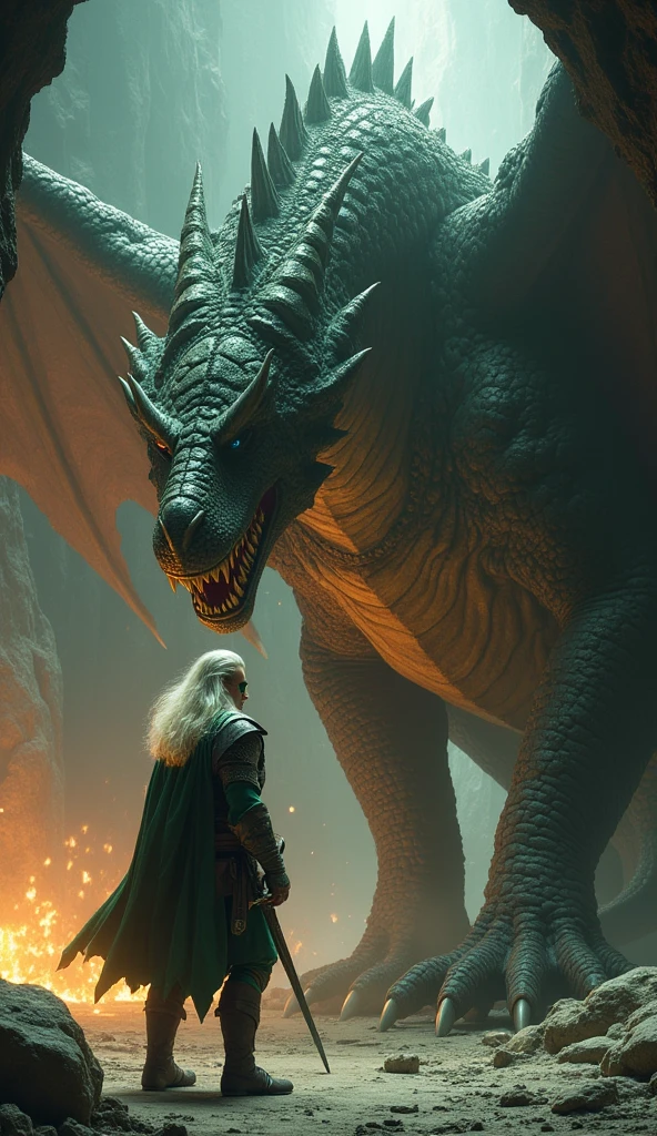 Wearing green warrior costume,Man wearing an eye patch, Long white hair, Holding tightly to her giant adult dragon's claws. They found themselves in a huge cave.,There's a fire burning inside