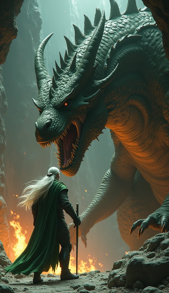 Wearing green warrior costume，Man wearing an eye patch, Long white hair, Holding tightly to her giant adult dragon&#39;s claws. They found themselves in a huge cave.，There&#39;s a fire burning inside