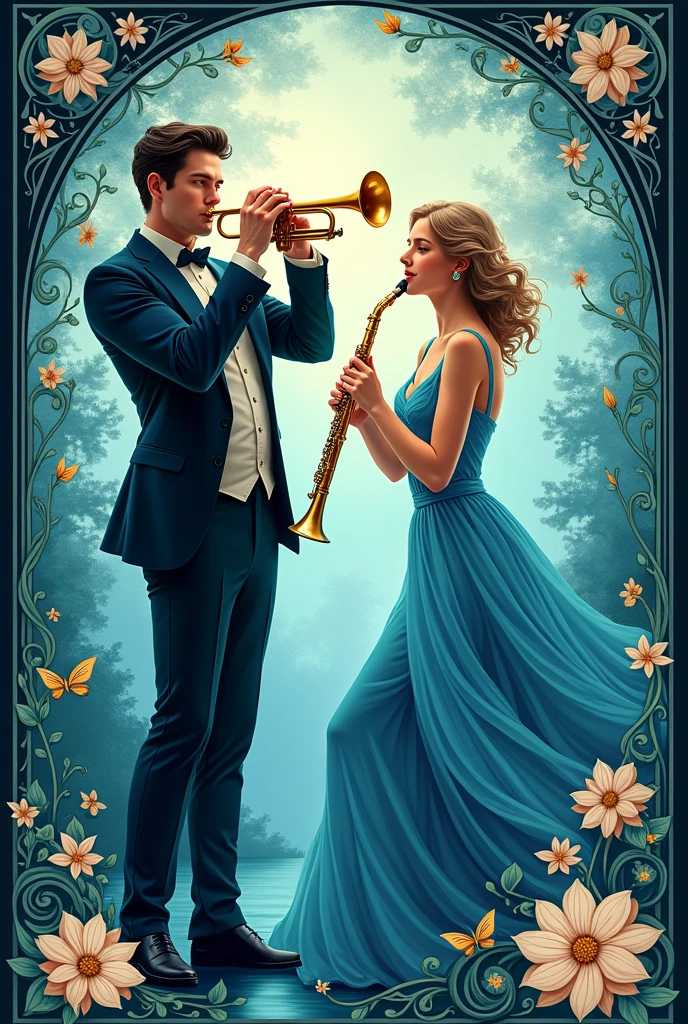 Homme qui joue de la trompette, femme qui joue de la clarinette, couple, affiche art nouveau bleu