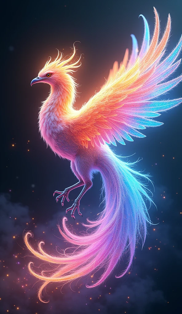 A majestic iridescent phoenix reborn from digital rainbow to holographic flame glaze、16K, Ultra-high resolution, Ultra-high resolution, to be born,wonderful ,future、Iridescent、The world 30 years from now