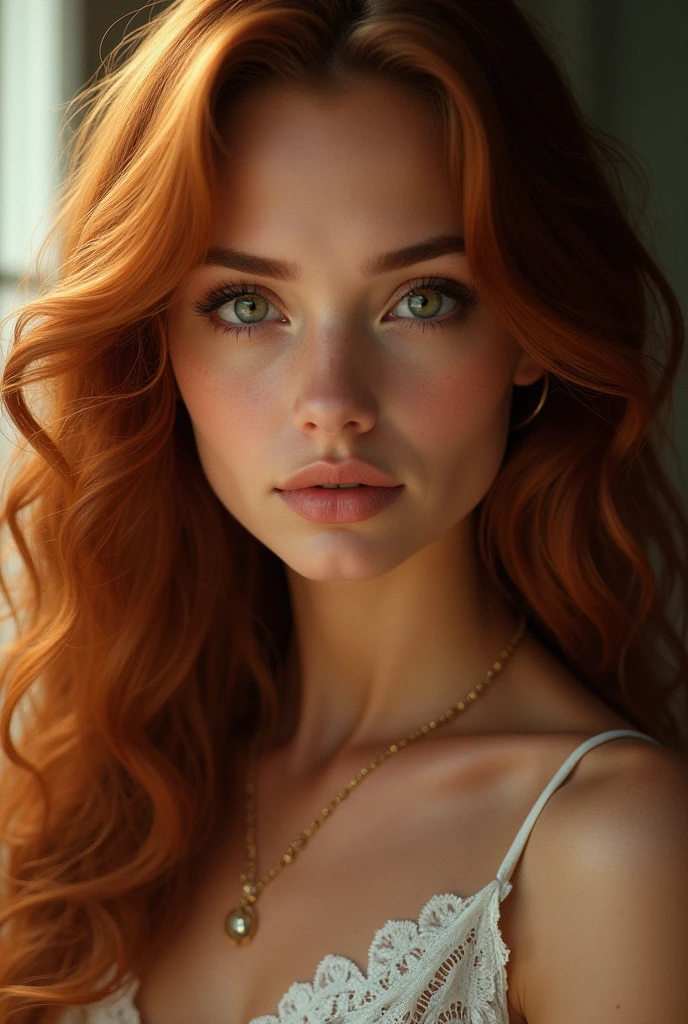 Woman with wavy copper hair, Light brown, slightly tanned skin and green eyes