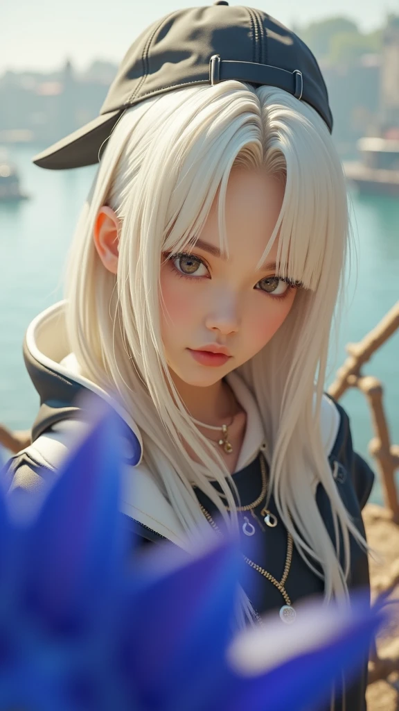 medium shot, medium shot, depth of field, bust, upper body, cinematic angle, masterpiece, Best quality, super detailed, computer graphics, 8k wallpaper, Beautiful face, tender eyes, countries, One, white long hair, yellow eyes, hairpin, White shirt, black jacket with a hood, Black baseball cap, black stockings, black boots above the knee, sunset, medieval port, harbour, Detailed water surface, Reflection of the Sun