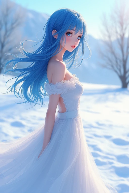 Highest quality、One person, sexy、anime、Cute Woman、Blue Hair、adult、White Dress、Snow Scene