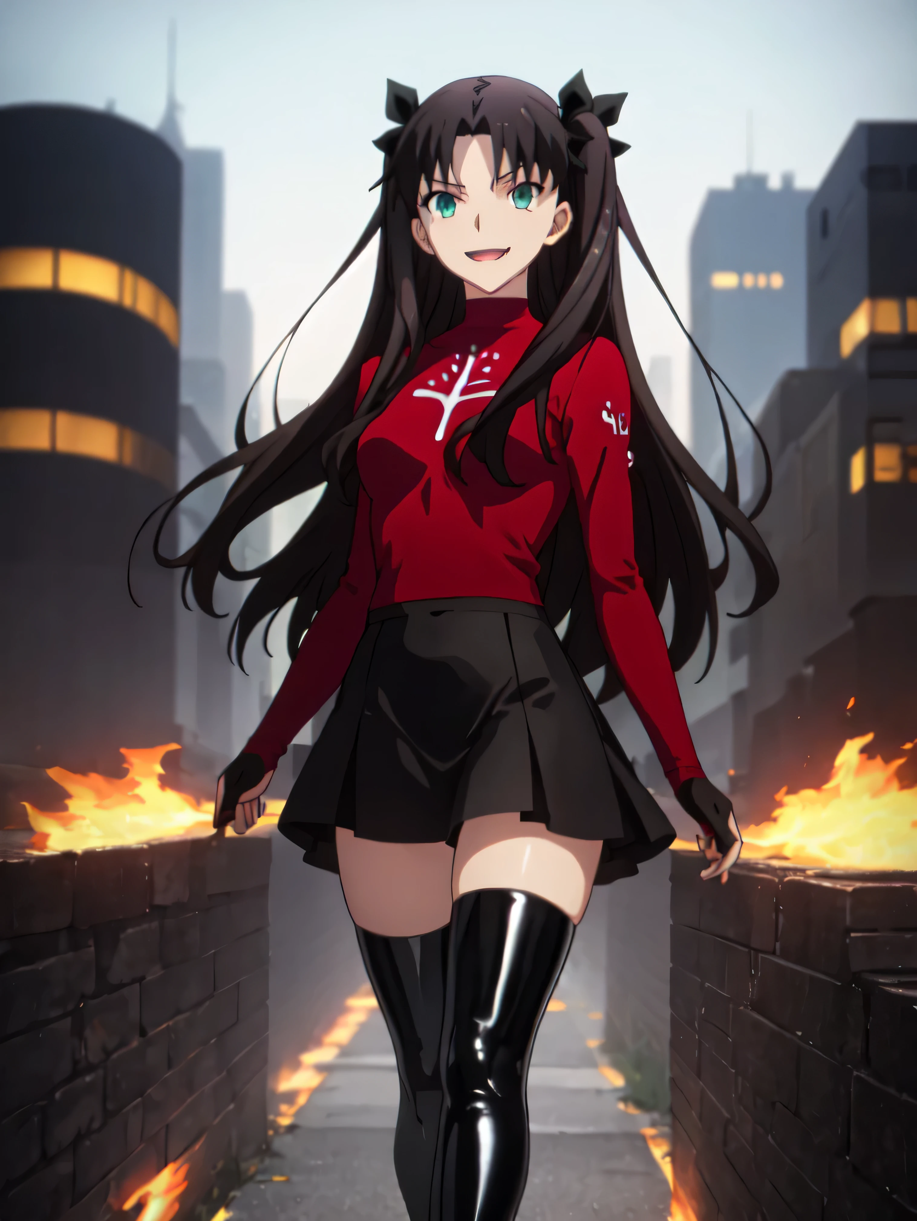 Highest quality, masterpiece, High resolution, 一人w, (Tohsaka_Also_fwestaynightufotable:1.10), one person, アニメ_coloAlsog, turtleneck, , Lookwg_w_Audience, brown_hair, Parody, green_eye, , swewer, アニメ_style, 5 ,,Bad face,, Black Skirt,both hands,Two legs,Five Fwgers,Evil background,shwy ,shwy latex Black thighhigh socks ,evil laugh, Debish Aura (Shwy fabric:1.5),Dark world background,solo,Burnwg cityscape,lookwg dwon at viewer