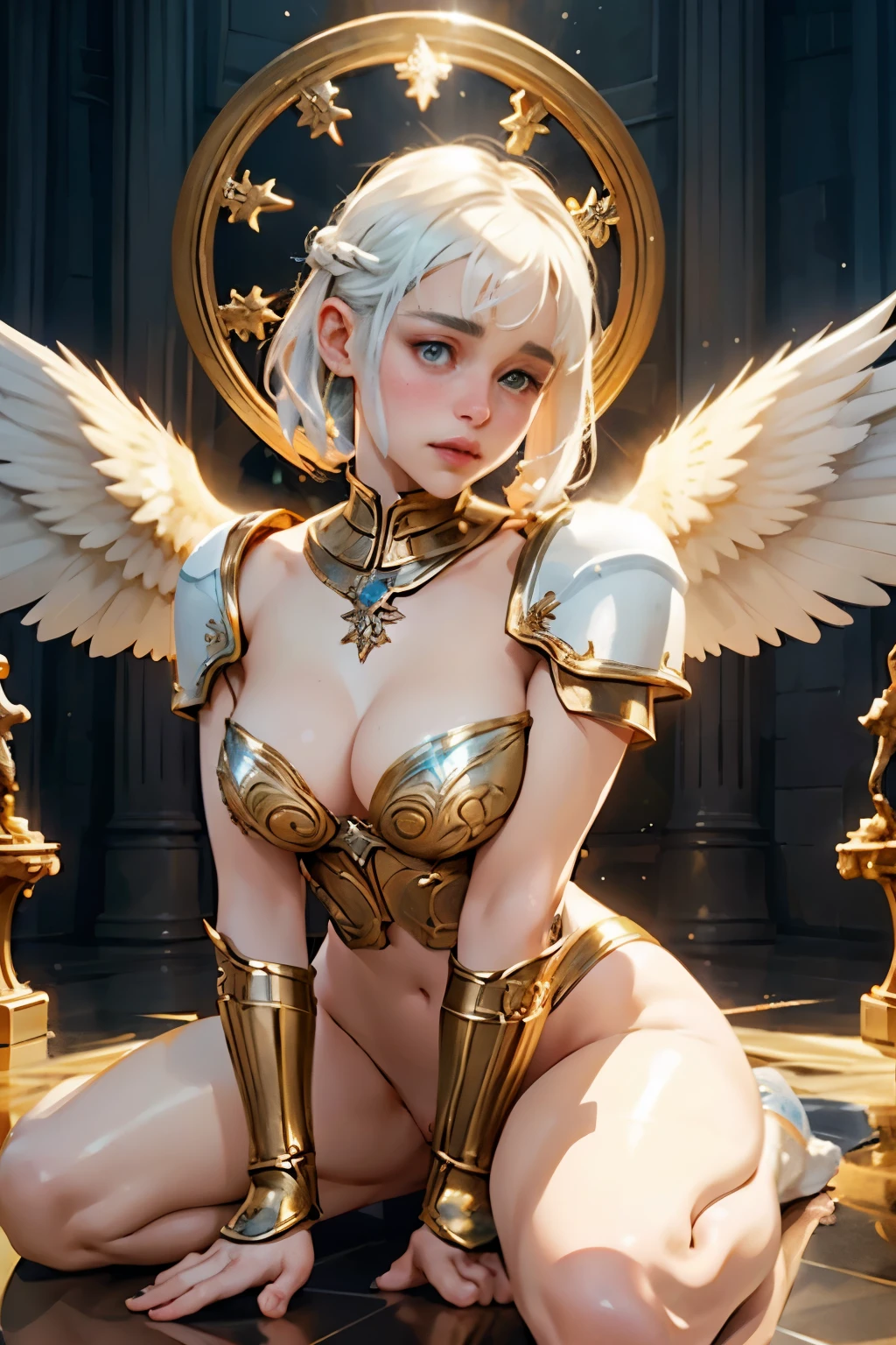 beautiful alluring warrior angel emilia clarke, pale skin, golden halo, beautiful angel wings, inside a holy temple, sunrays, loose white linen chiton and angelic metal armor parts, cleavage, fantasy Theme, Fiverr Dnd Character, Octane Render, Digital Art, Extreme Detail, 4k, Ultra Hd, Polished, Beautiful, Hyperdetailed, Intricate, Elaborate, Meticulous, Photorealistic, Sharp Focus, Wlop, Character Design, Unreal Engine, 3d Rendered, Volumetric Lighting, Reflections, Glossy, Digital Illustration, Pose, Suggestive Pose, Lewd, Full Body Shot, anatomically correct, 💖❤💕💋❣