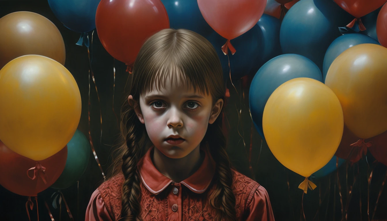 Hyperrealistic art  An unsettling and creepy portrayal of 1 girl clutching a bunch of (human head ) balloons, each created from lifelike features. The composition captures the disturbing juxtaposition between the girl's innocent demeanor and the macabre nature of the scene. The horror style adds an unsettling quality, creating an atmosphere of unease and shock. (Macabre Collection:1.4), (Chilling Balloon Assembly:1.3), (Eerie Contrast:1.2), (Horror Styling:1.2), art influenced by psychological horror films and dark fantasy. (masterpiece, best quality:1.5), ultra-realistic,32k, RAW photo,(high detailed skin:1.2), 8k uhd, DSLR, soft lighting, high quality, film grain, Abdul Djalil Pirous, AbsinthePunkAI . Extremely high-resolution details, photographic, realism pushed to extreme, fine texture, incredibly lifelike