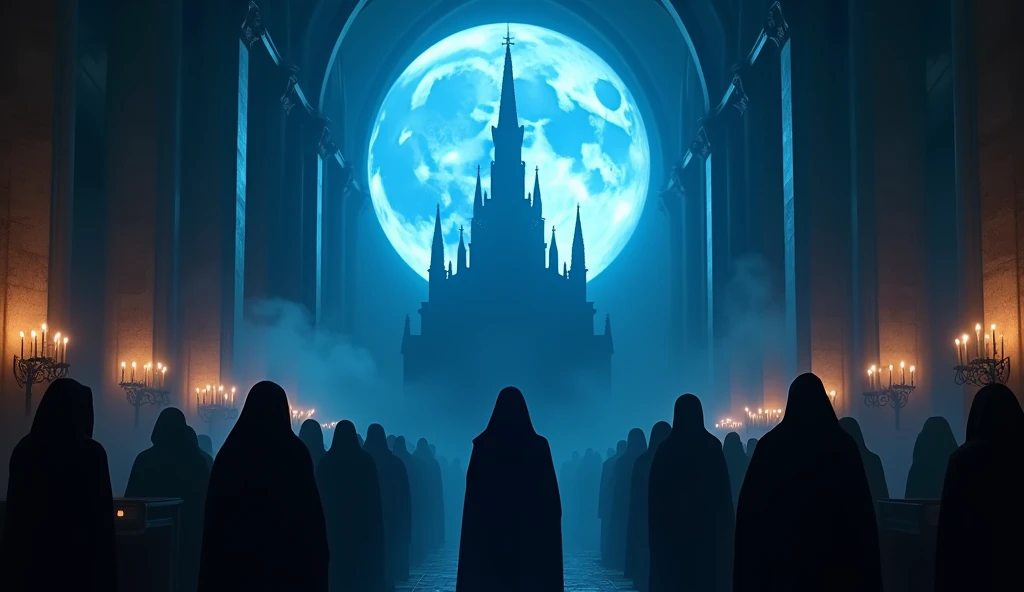 8k、 big blue moon ,zoom up(number々の賞を受賞したmasterpiece、Incredible detail、Texture、Maximum details),purple flame candle, (summoning magic),(The moonlight at night is beautiful), (Demon King&#39;s Castle),(dark organization)arafed image of a group of people in a church with candles,lit candle, dark cinematic concept art, elegant cinematic fantasy art, photorealistic dark concept art, by Beeple, dark robes, wojtek fus, gothic epic library concept, gothic epic library, epic cinematic concept art, dark concept art, Beeple and mike winkelmann, symmetrical epic fantasy art, High resolution, masterpiece, Highest quality, Intricate details, Very detailed, Clear focus, practical skin texture, texture,  Shot with Canon, 85mm, Shallow and deep, Kodak Vision Color, Exactly, Very detailed, photograph_\(Extremist\), photographpractical, practical, Post-processing, Maximum details, Roughness, Real Life, Extremist practical, Photorealism, photographgraphy, 8K Ultra HD, photographgraphy
