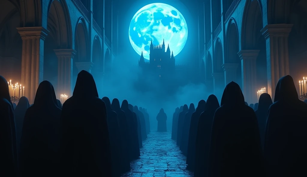 8k、 big blue moon ,zoom up(number々の賞を受賞したmasterpiece、Incredible detail、Texture、Maximum details),purple flame candle, (summoning magic),(The moonlight at night is beautiful), (Demon King's Castle),(dark organization)arafed image of a group of people in a church with candles,lit candle, dark cinematic concept art, elegant cinematic fantasy art, photorealistic dark concept art, by Beeple, dark robes, wojtek fus, gothic epic library concept, gothic epic library, epic cinematic concept art, dark concept art, Beeple and mike winkelmann, symmetrical epic fantasy art, High resolution, masterpiece, Highest quality, Intricate details, Very detailed, Clear focus, practical skin texture, texture, Shot with Canon, 85mm, Shallow and deep, Kodak Vision Color, Exactly, Very detailed, photograph_\(Extremist\), photographpractical, practical, Post-processing, Maximum details, Roughness, Real Life, Extremist practical, Photorealism, photographgraphy, 8K Ultra HD, photographgraphy
