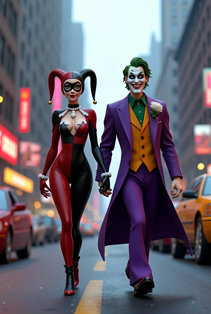 Harley quinn in sexy revealing harley quinn costume, with joker wraring joker costume walking in a new york street. disney pixar 3d