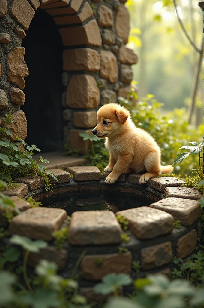 A little chick fell into an old well. The puppy thought of a way to help the chick out of the well, but the well was too deep for the puppy to climb down.
