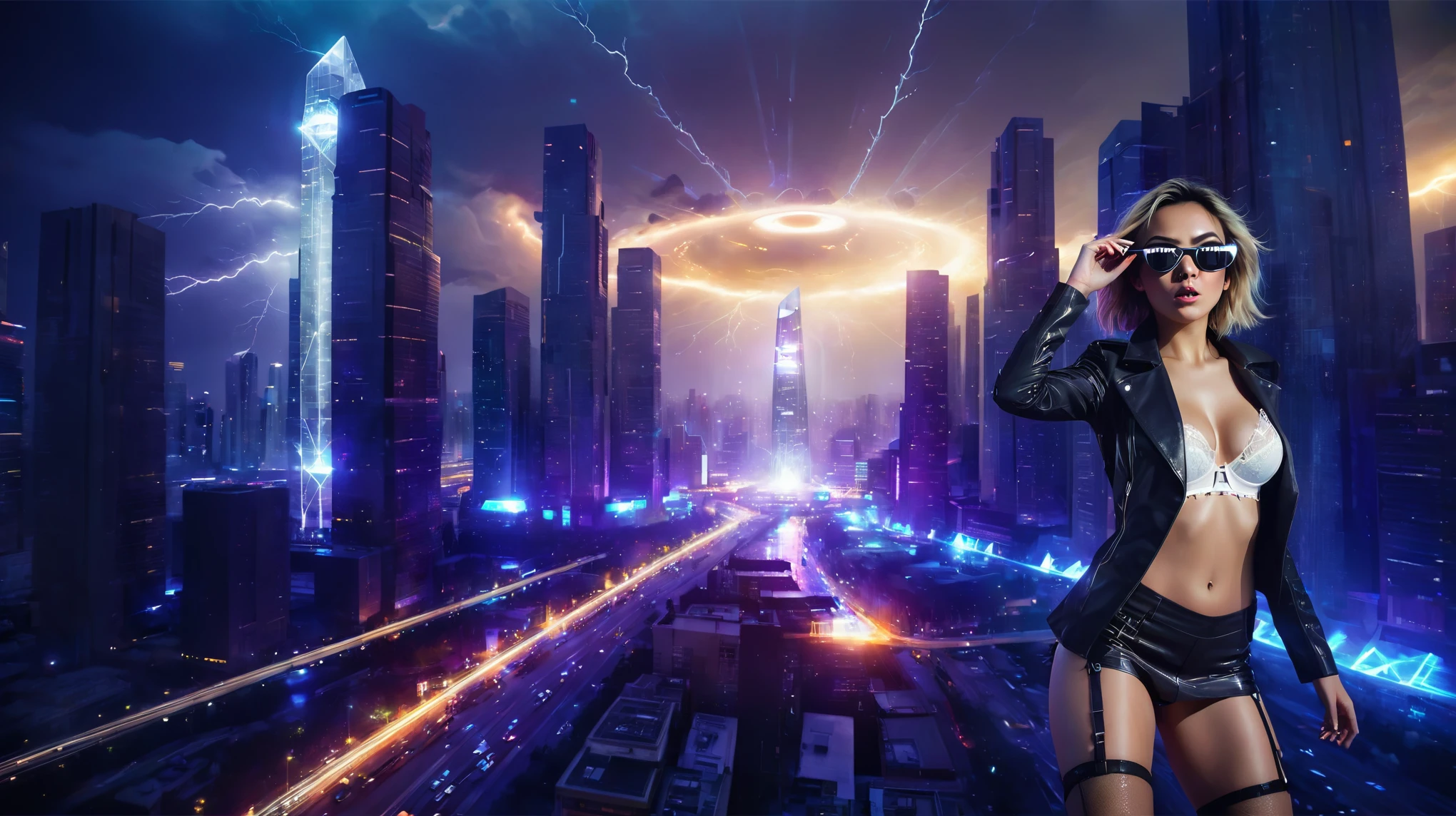 At night, dark sky, aerial view of futuristic sci-fi cyberpunk city, skyscrapers, flying vehicle, (vortex-spirit-spreading giant hologram pyramid-like clock tower as time machine), lightning, high quality. Matrix style, at night, (1girl, solo, alone), photorealistic, medium-breast slim:0.6 body, oval:0.5 face, cleavage:1.1, sexy black laced bra, low angle view of miniskirt, white laced panty, coat, (black micro sunglasses), (holding a short gun), (slightly leaning forward running pose), ((half-body thigh level medium shot)), cinematic lighting, ray tracing, zoom blur background.