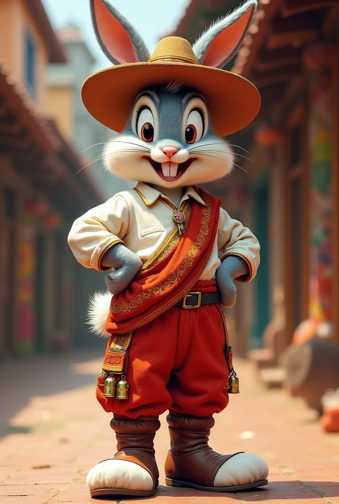 Bugs bunny dressed as a caporal Bolivian costume with sash and shirt on top and pants, boots with bells and hat