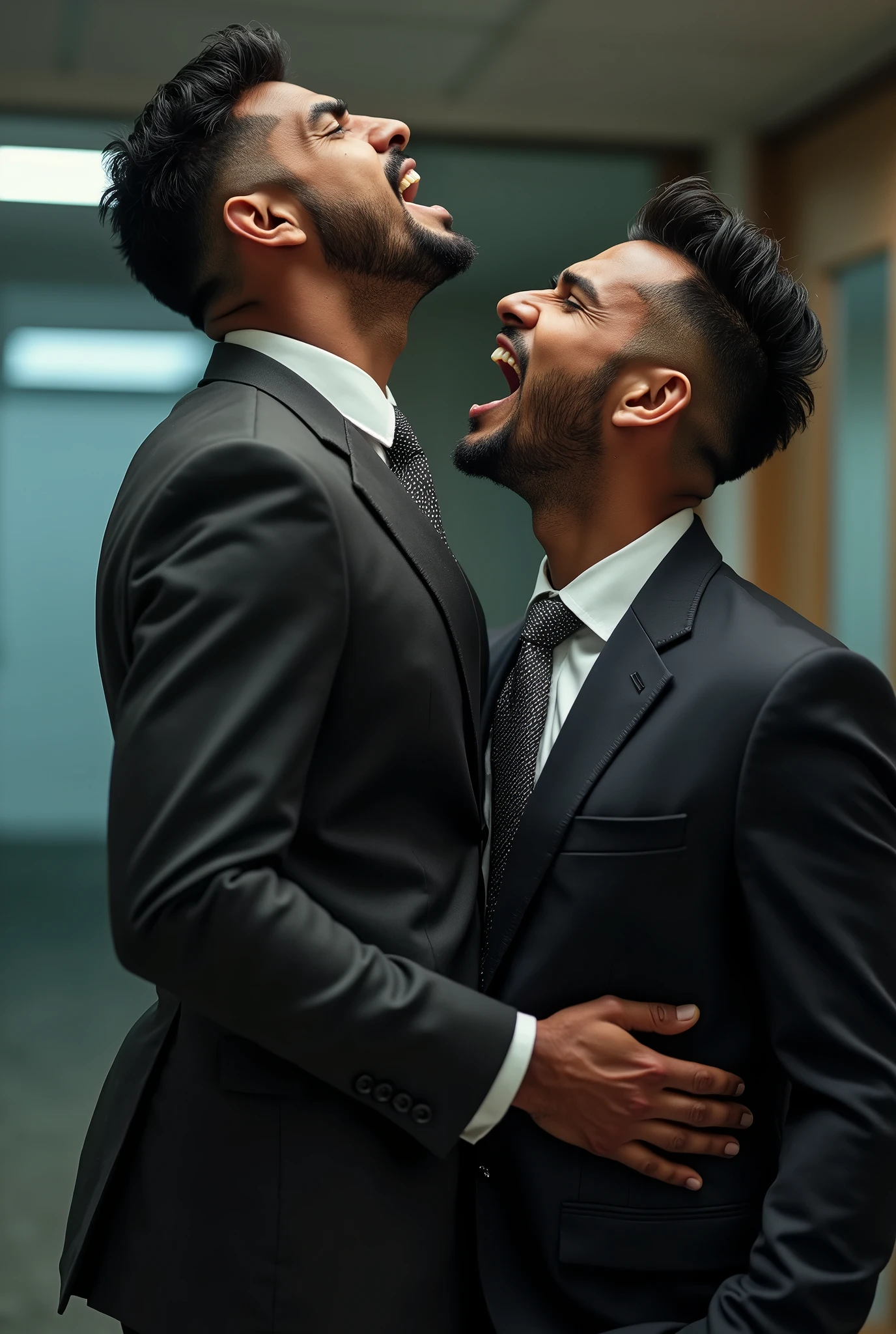 Formal suit Gay couple doing body play in office, face upward, Pehlwan man Indian Gurjar 40 years old man Pain is raging on the face, screaming with pain and making aggressive face expressions with eyes closed, the head is tilted back doing body play, big shinning eyes big lips wide jawline beautiful hunk face spiky black hairstyle, oiled body, hot body playing poses, His perfect( big huge penis) is (coming out) of his pant,masterpieces, sucking, erotic, exotic,, hd, hdr, D750F nikon, Cinematic, bright colors