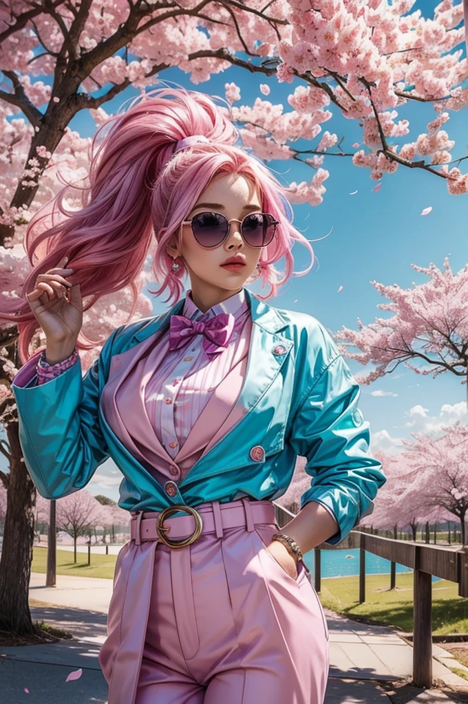 A surreal and colorful scene featuring a woman with vibrant pink hair styled in voluminous waves, wearing a light purple suit with a matching belt and a turquoise bow tie. She is standing amidst a landscape of cherry blossom trees in full bloom, their pink petals contrasting against the bright blue sky. The woman wears round sunglasses with pink frames, adding a quirky touch to her look. Around her, colorful balls in shades of yellow, pink, and blue float in the air, creating a whimsical and dreamlike atmosphere.